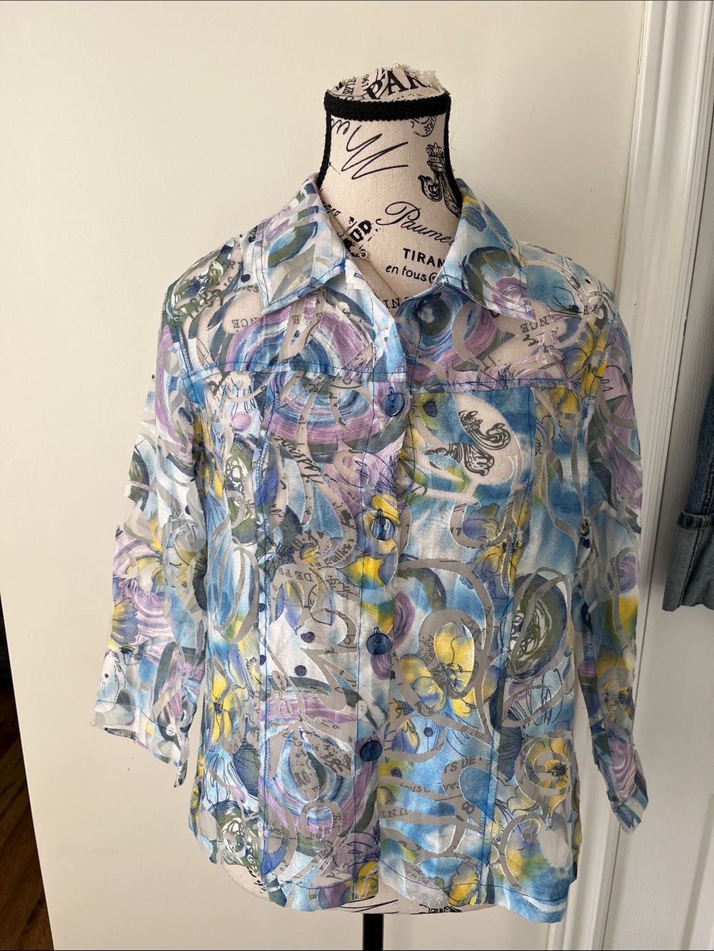 Source Unknown Pastel Swirl Button-Up Blouse in Blue, Purple, Yellow